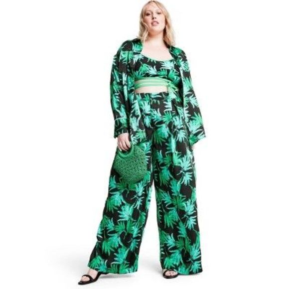 Women's Feathered Palm Print Wide Leg Pants - Fe Noel Green/Black 2X - Picture 4 of 4